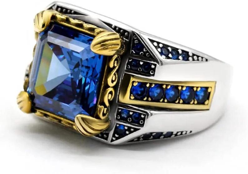 LovePlus Solid S925 Sterling Silver Square Zircon Ring Red Green, Blue Gem Turkey Handmade Elegant Style Men's/Women's Ring, Suitable for Daily Wear Gift Size 7-12