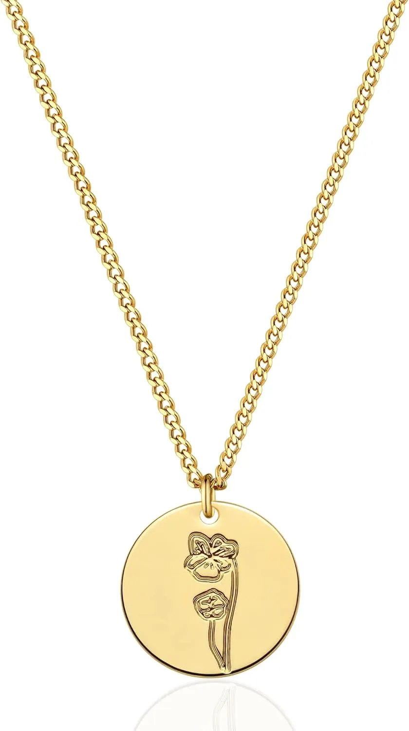 LOYATA Birth Flower Necklace Dainty 14K Gold Plated Necklace Engraved Custom Floral Pendant Necklace Personalized Jewelry Handmade Birthday Gift for Women