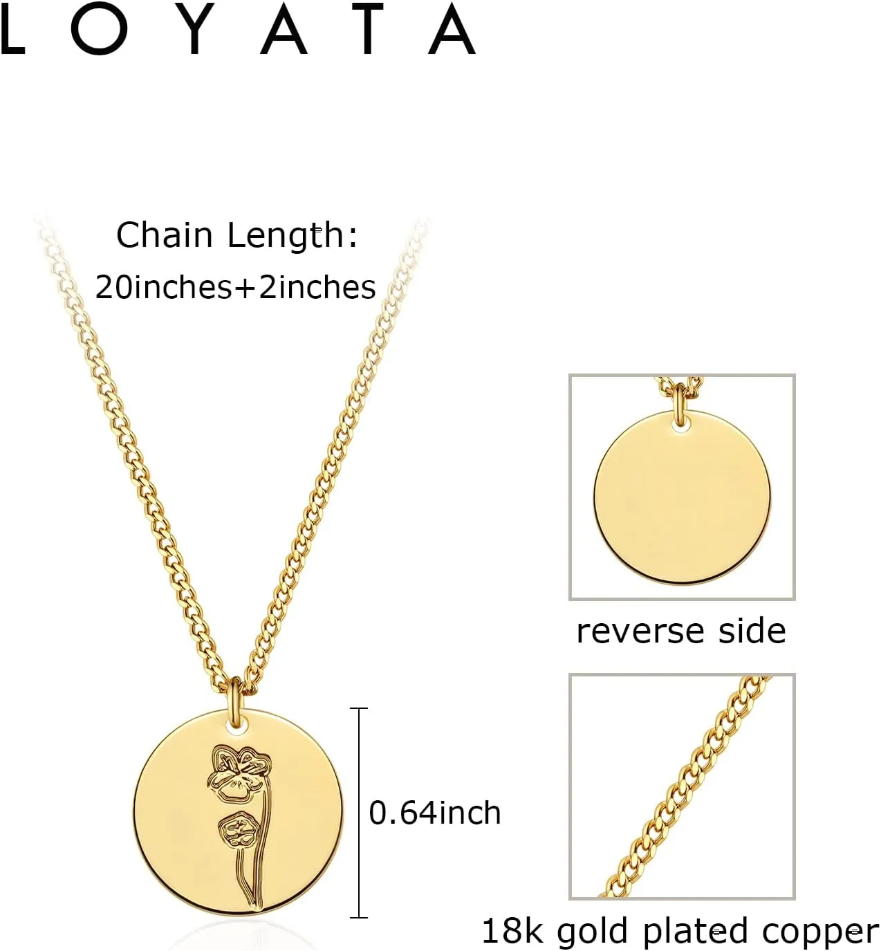 LOYATA Birth Flower Necklace Dainty 14K Gold Plated Necklace Engraved Custom Floral Pendant Necklace Personalized Jewelry Handmade Birthday Gift for Women