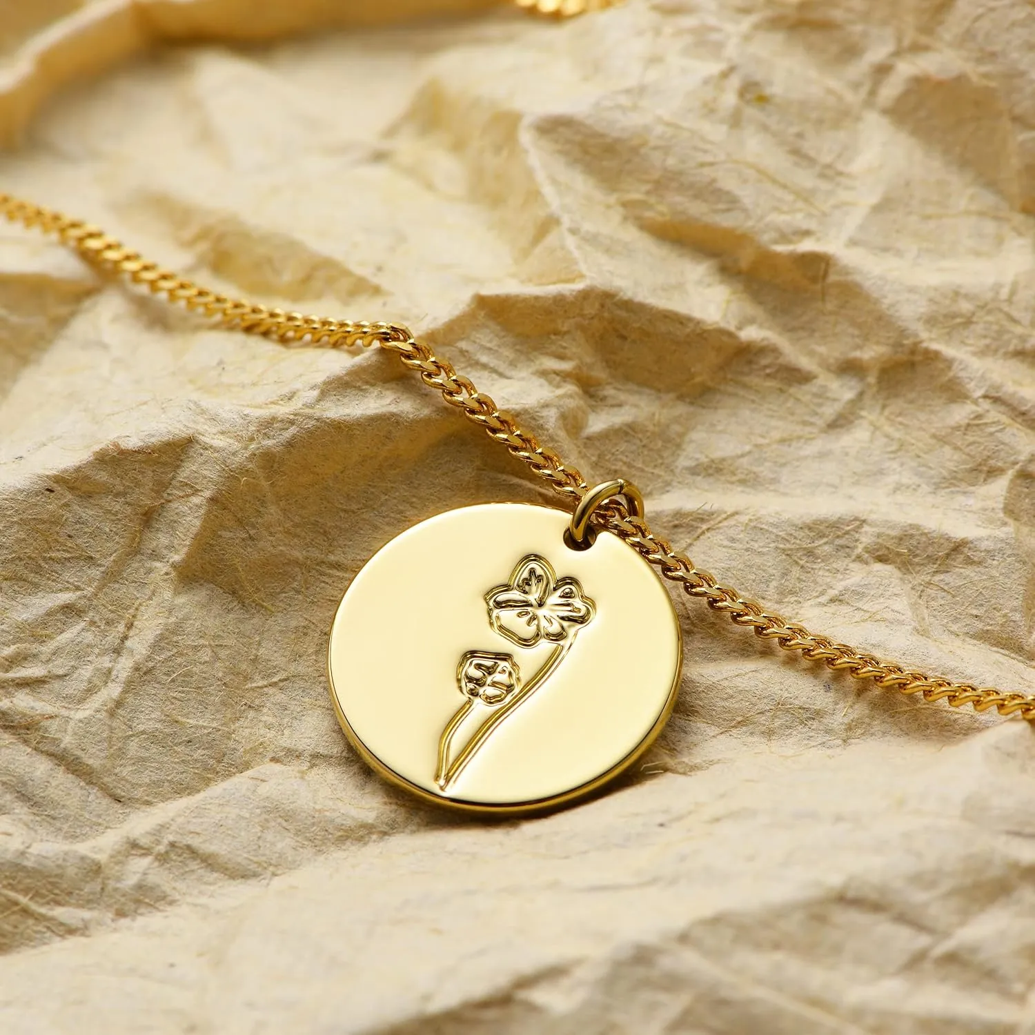 LOYATA Birth Flower Necklace Dainty 14K Gold Plated Necklace Engraved Custom Floral Pendant Necklace Personalized Jewelry Handmade Birthday Gift for Women