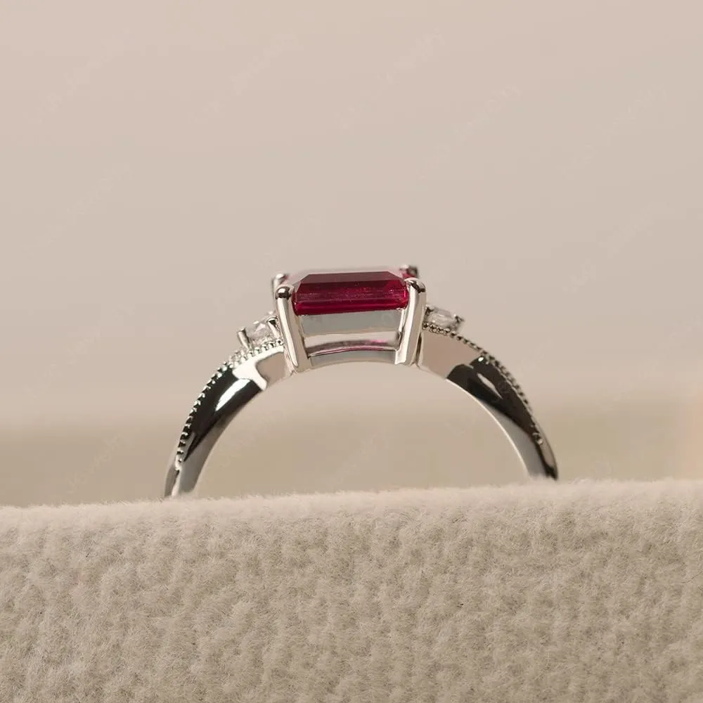 LUO 925 Sterling Silver Emerald Cut 7X5 MM Gemstone Ring East West Dainty Promise Ring for Women