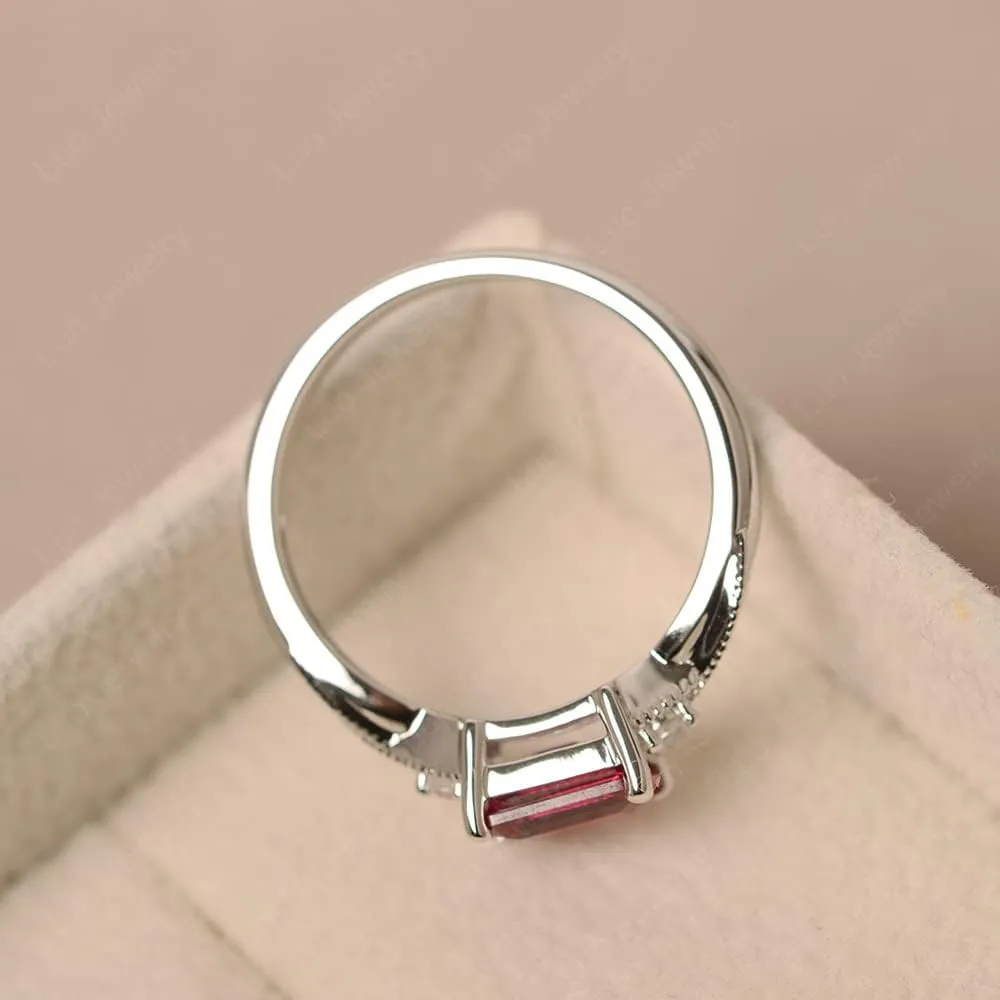 LUO 925 Sterling Silver Emerald Cut 7X5 MM Gemstone Ring East West Dainty Promise Ring for Women