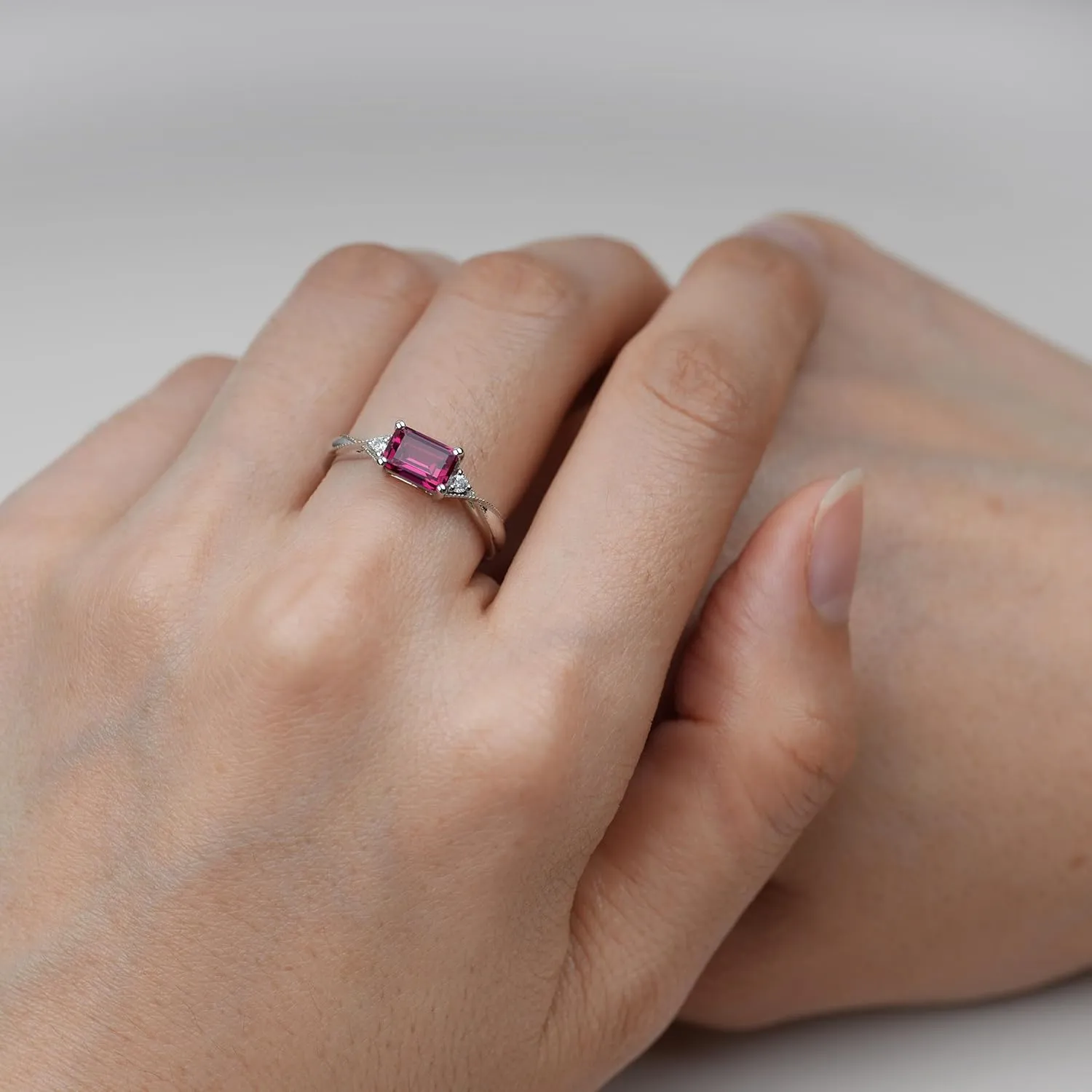 LUO 925 Sterling Silver Emerald Cut 7X5 MM Gemstone Ring East West Dainty Promise Ring for Women