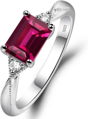 LUO 925 Sterling Silver Emerald Cut 7X5 MM Gemstone Ring East West Dainty Promise Ring for Women