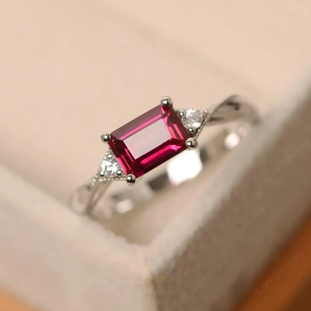 LUO 925 Sterling Silver Emerald Cut 7X5 MM Gemstone Ring East West Dainty Promise Ring for Women