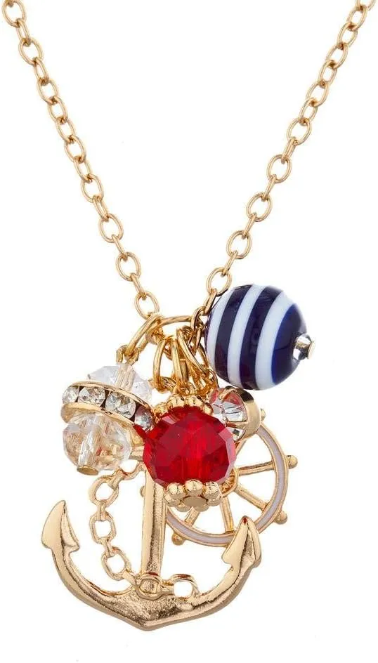 LUX ACCESSORIES Sailor Nautical Cluster Anchor Ship Wheel Charm Necklace
