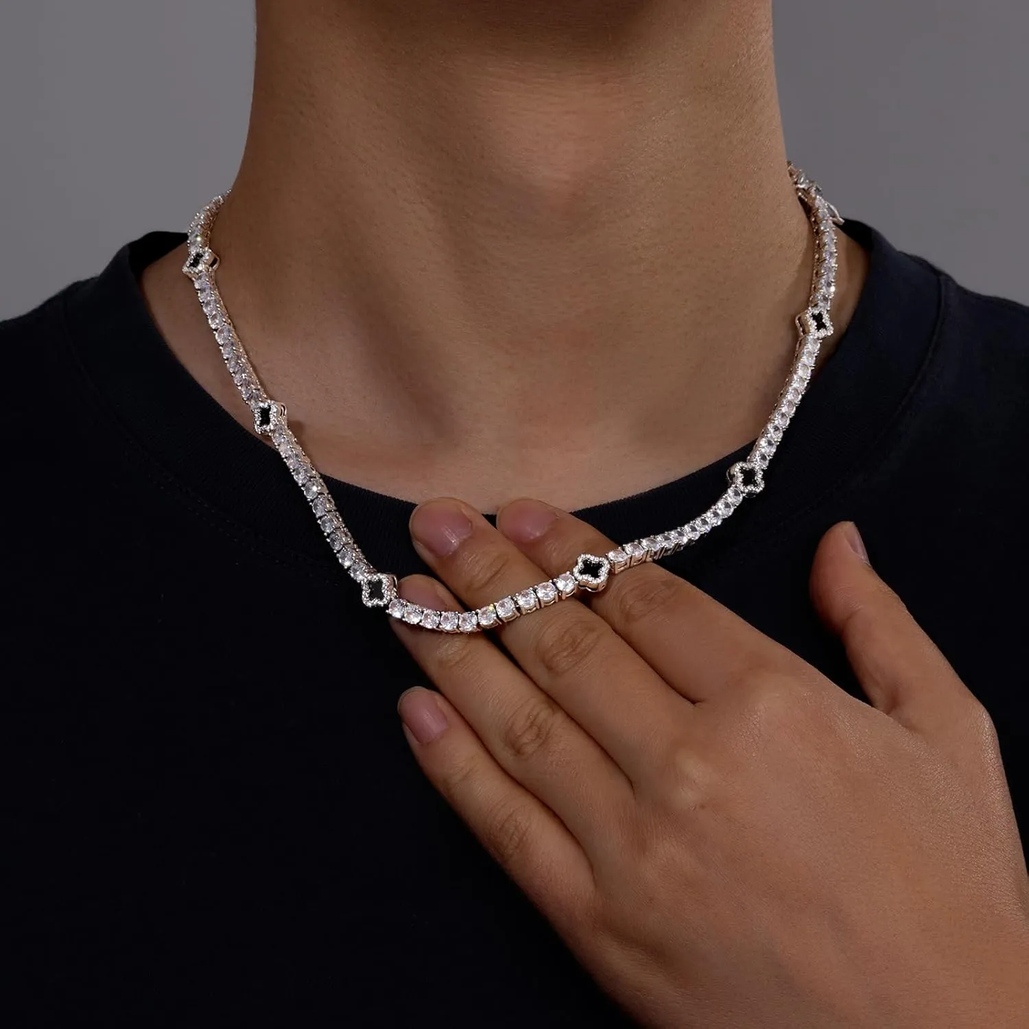 LuxeFlex 4mm Iced Out Four Leaf Tennis Chain,White Gold Plated with 5A Zircon Stones, exquisite Handmade Hip Hop Bling Necklace Perfect Unisex Jewelry Gift
