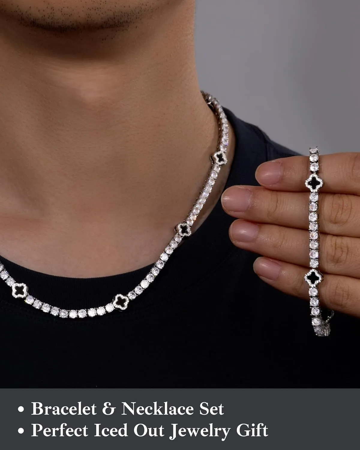 LuxeFlex 4mm Iced Out Four Leaf Tennis Chain,White Gold Plated with 5A Zircon Stones, exquisite Handmade Hip Hop Bling Necklace Perfect Unisex Jewelry Gift