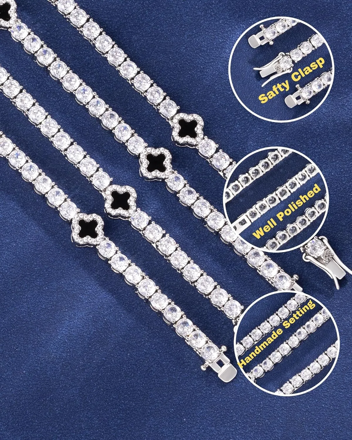 LuxeFlex 4mm Iced Out Four Leaf Tennis Chain,White Gold Plated with 5A Zircon Stones, exquisite Handmade Hip Hop Bling Necklace Perfect Unisex Jewelry Gift