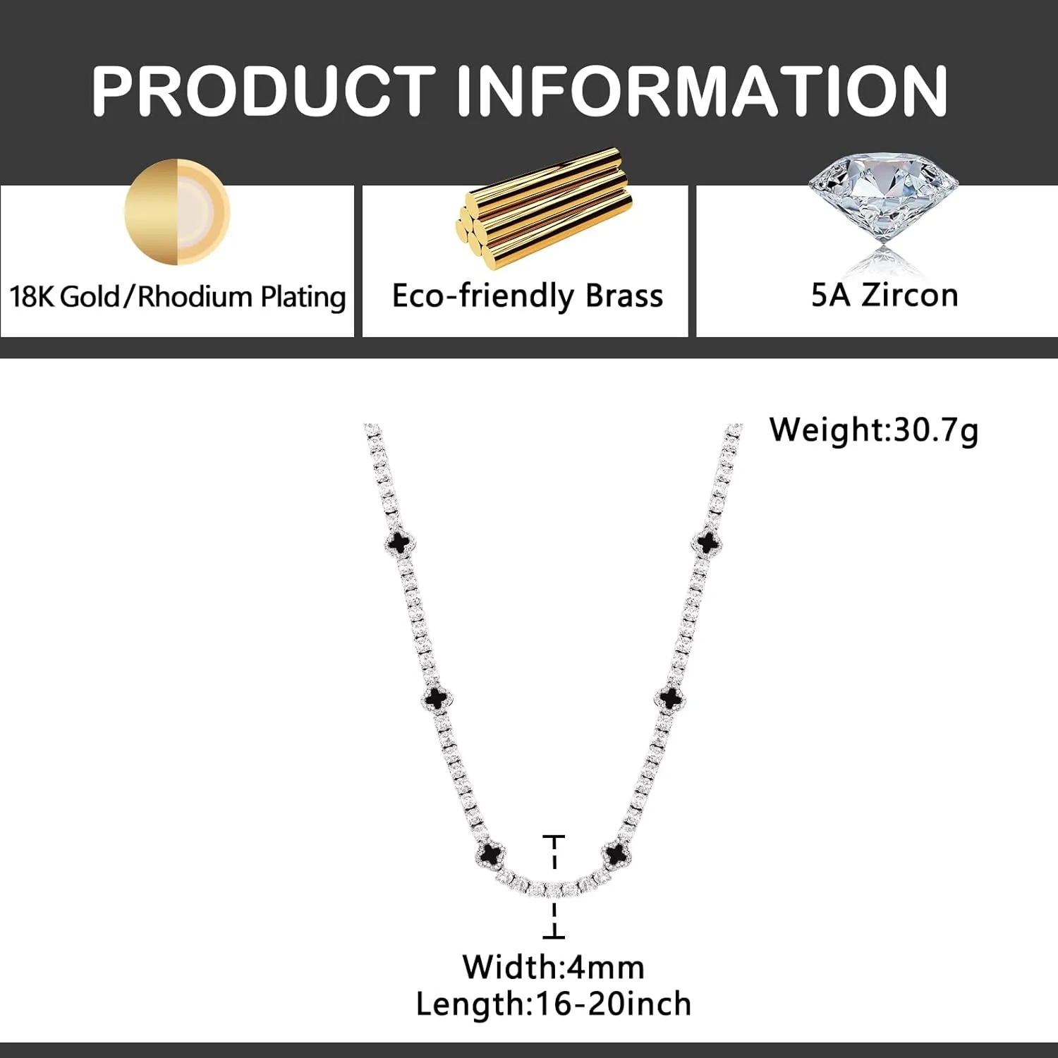 LuxeFlex 4mm Iced Out Four Leaf Tennis Chain,White Gold Plated with 5A Zircon Stones, exquisite Handmade Hip Hop Bling Necklace Perfect Unisex Jewelry Gift