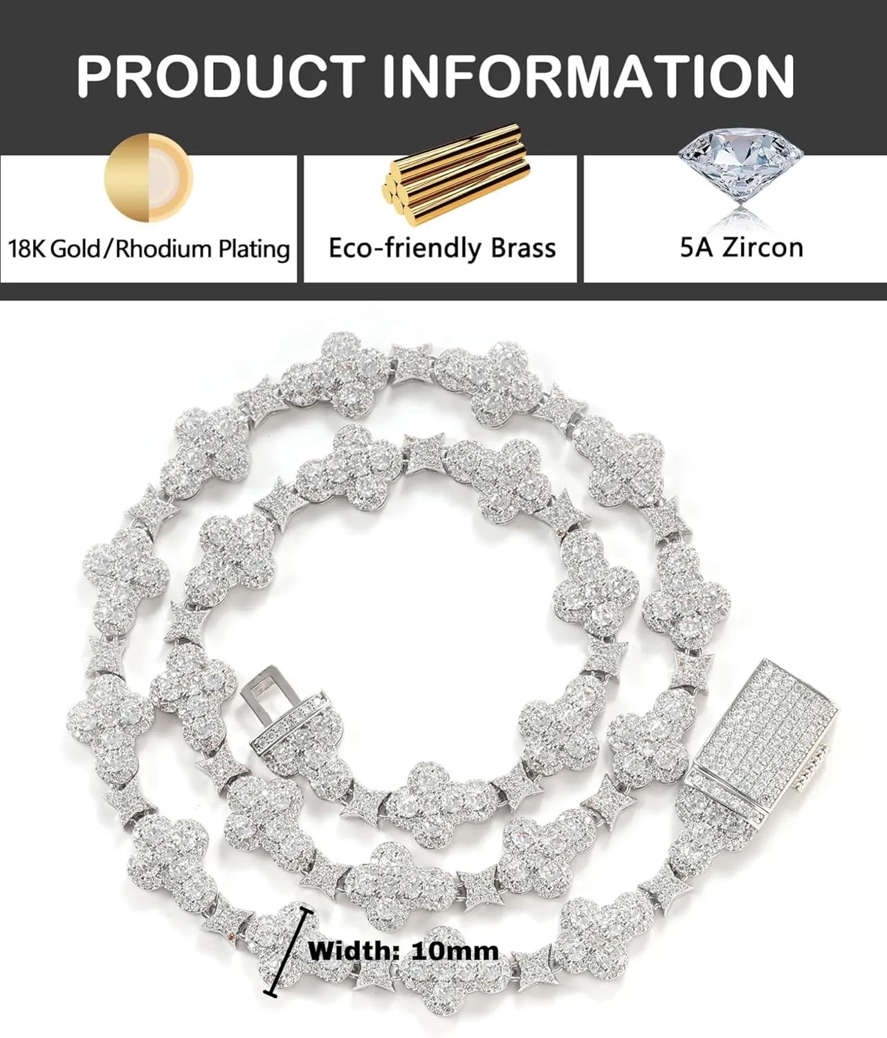 LuxeFlex Iced Out Cross Star Eye Elements Tennis Chain,White Gold Plated 5A Zircon Stones Handmade Cuban Necklace, exquisite Hip Hop Bling Luxury Jewelry Gift