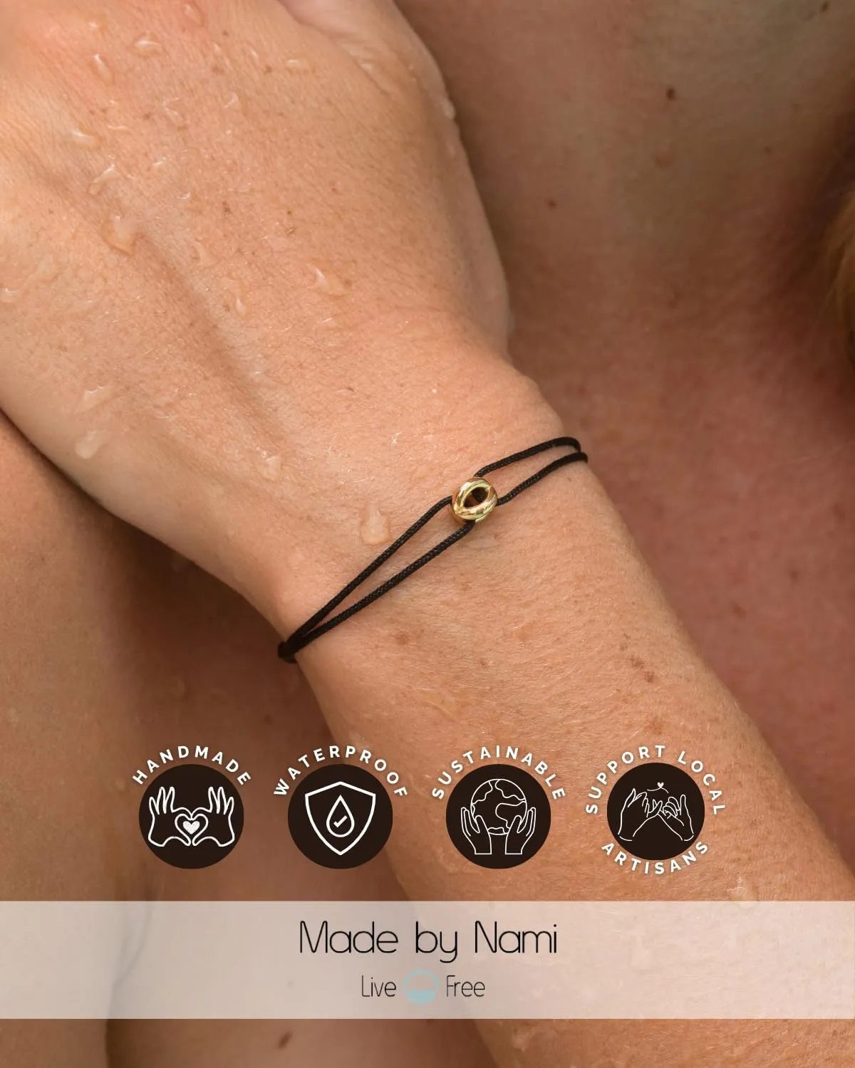 Made by Nami Adjustable String Bracelets for Women and Men Handmade & Waterproof Nylon Cord Bracelet for Men and Women with Stainless Steel Ring Charm