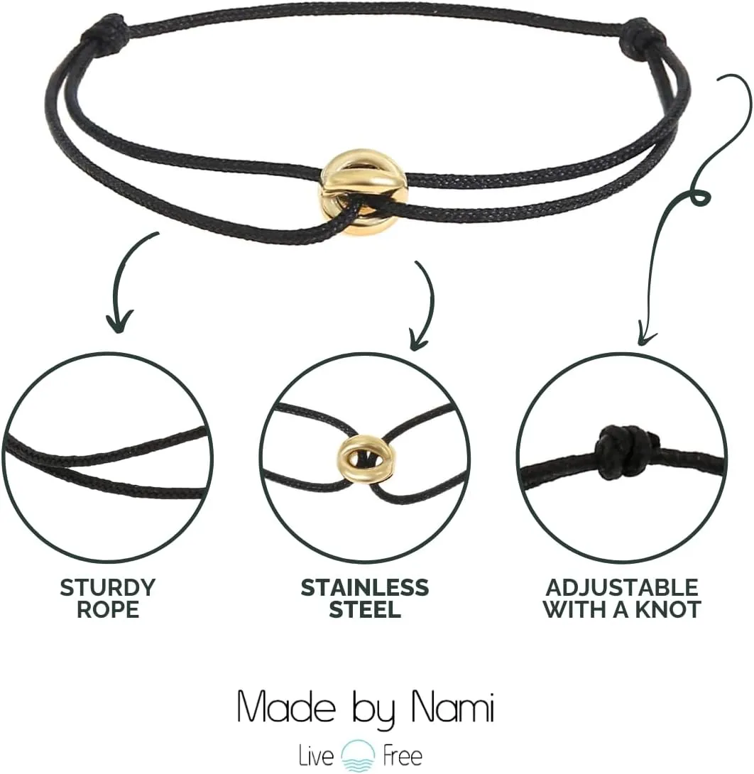Made by Nami Adjustable String Bracelets for Women and Men Handmade & Waterproof Nylon Cord Bracelet for Men and Women with Stainless Steel Ring Charm