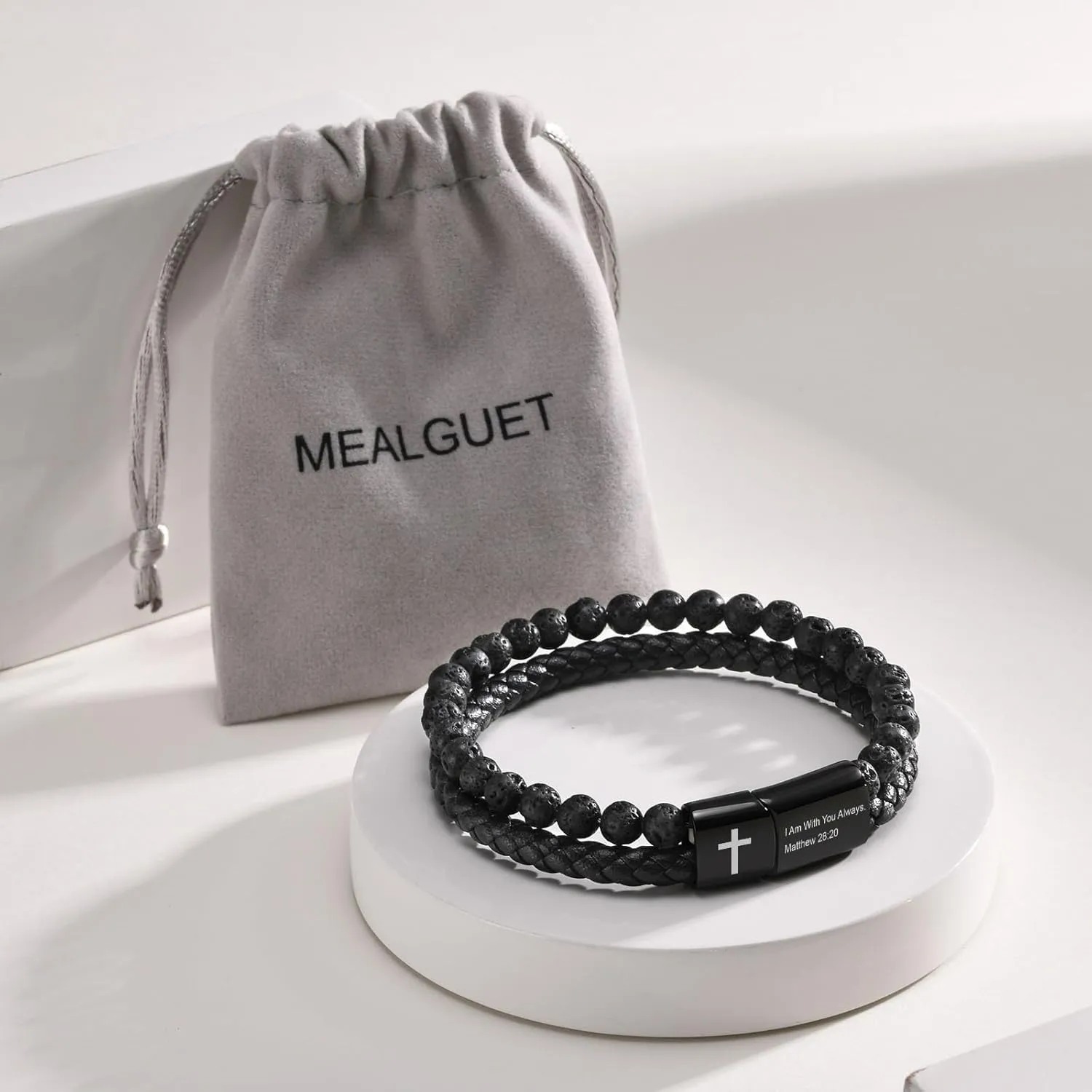 MEALGUET Men's Inspirational Bible Verse Bracelets Lava Rock Bead Bracelet Healing Balancing Braided Leather Wristband with Magnetic Clasp