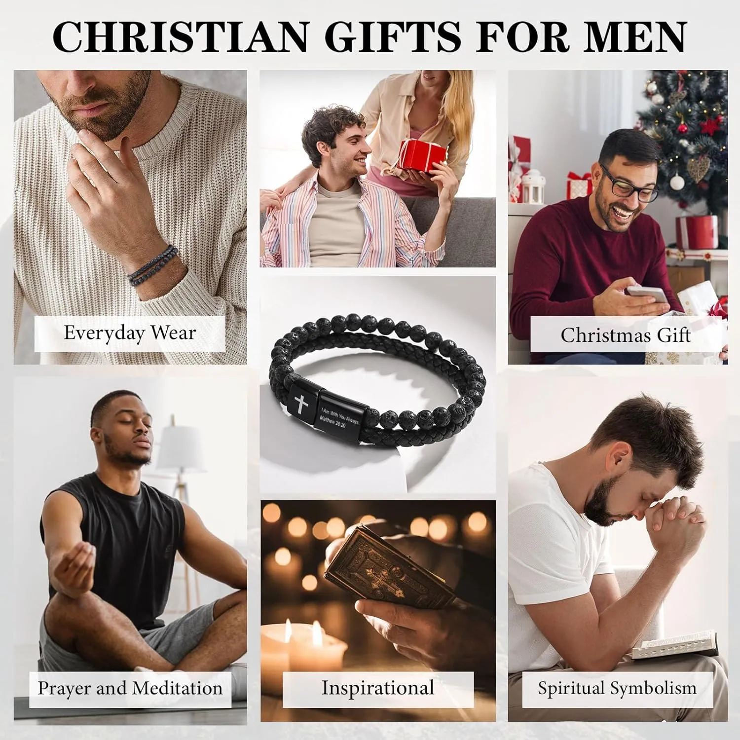 MEALGUET Men's Inspirational Bible Verse Bracelets Lava Rock Bead Bracelet Healing Balancing Braided Leather Wristband with Magnetic Clasp