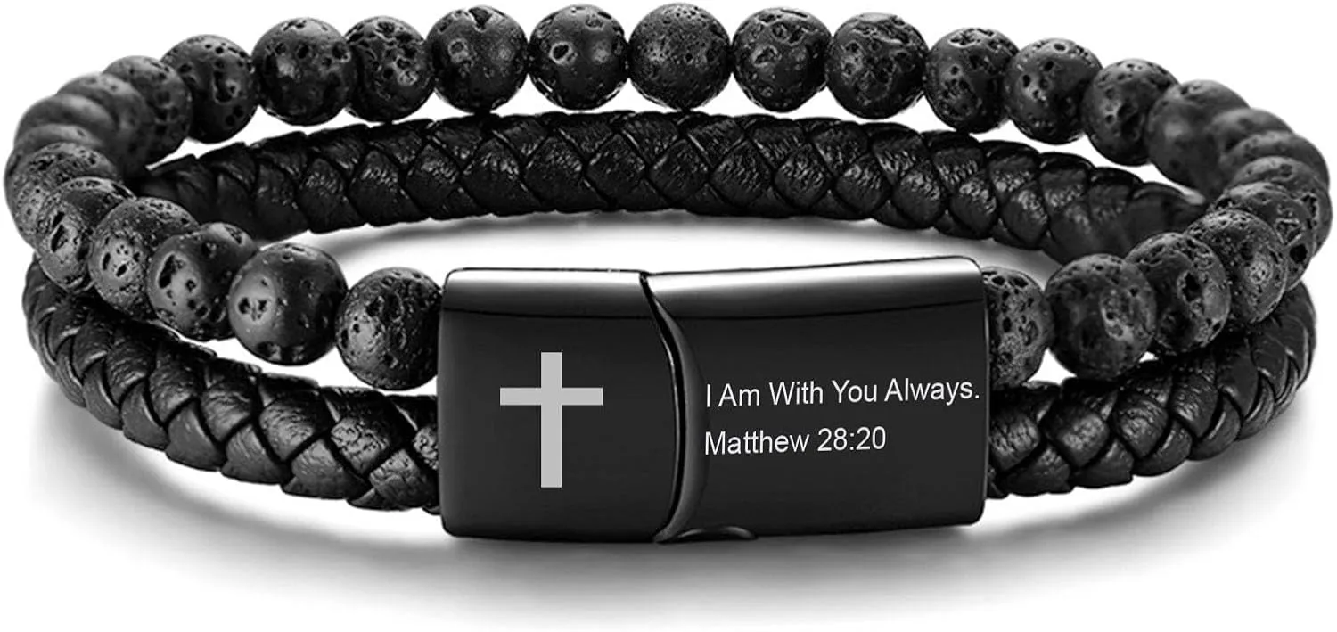 MEALGUET Men's Inspirational Bible Verse Bracelets Lava Rock Bead Bracelet Healing Balancing Braided Leather Wristband with Magnetic Clasp