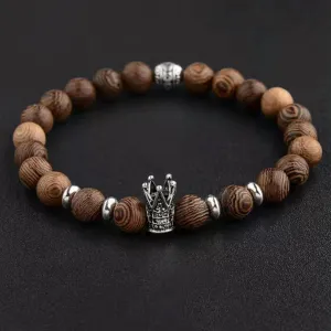 Men Natural Wood Beads Crown Bracelets Prayer Bead Bracelet Women Yoga Jewelry-Crown