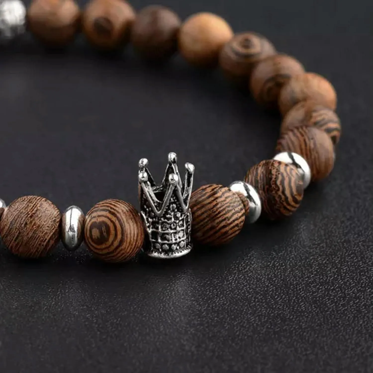 Men Natural Wood Beads Crown Bracelets Prayer Bead Bracelet Women Yoga Jewelry-Crown