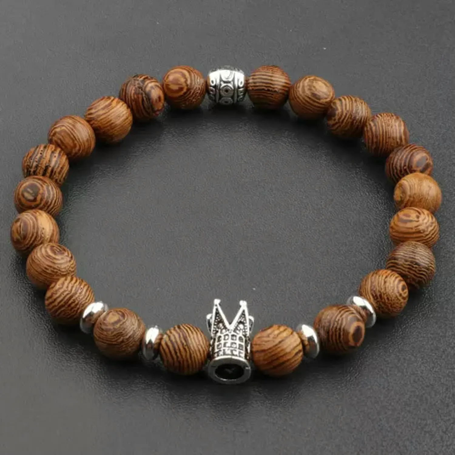 Men Natural Wood Beads Crown Bracelets Prayer Bead Bracelet Women Yoga Jewelry-Crown
