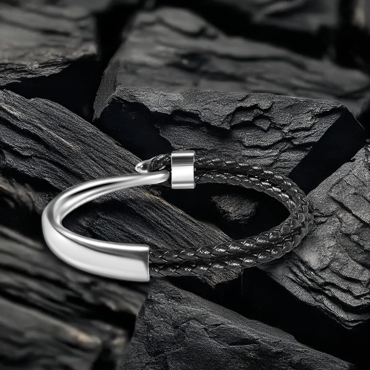 Mens Bracelet Leather, Nautical Hook Bracelet For Men Black Braided Leather Rope Bangle Jewelry
