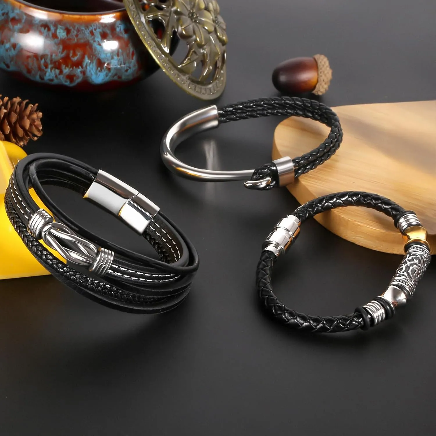 Mens Bracelet Leather, Nautical Hook Bracelet For Men Black Braided Leather Rope Bangle Jewelry