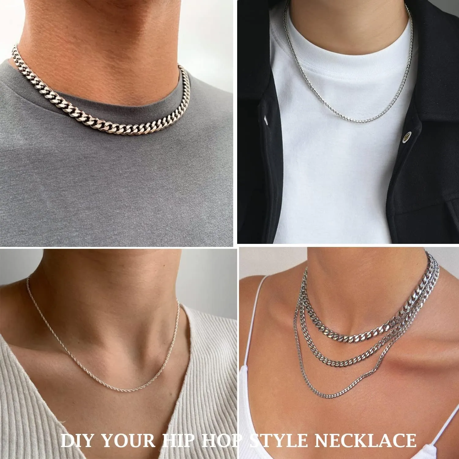 Mens Necklace Chain, 6 Pcs Men's Stainless Steel Chain Necklace Jewelry Set Gift for Men Women