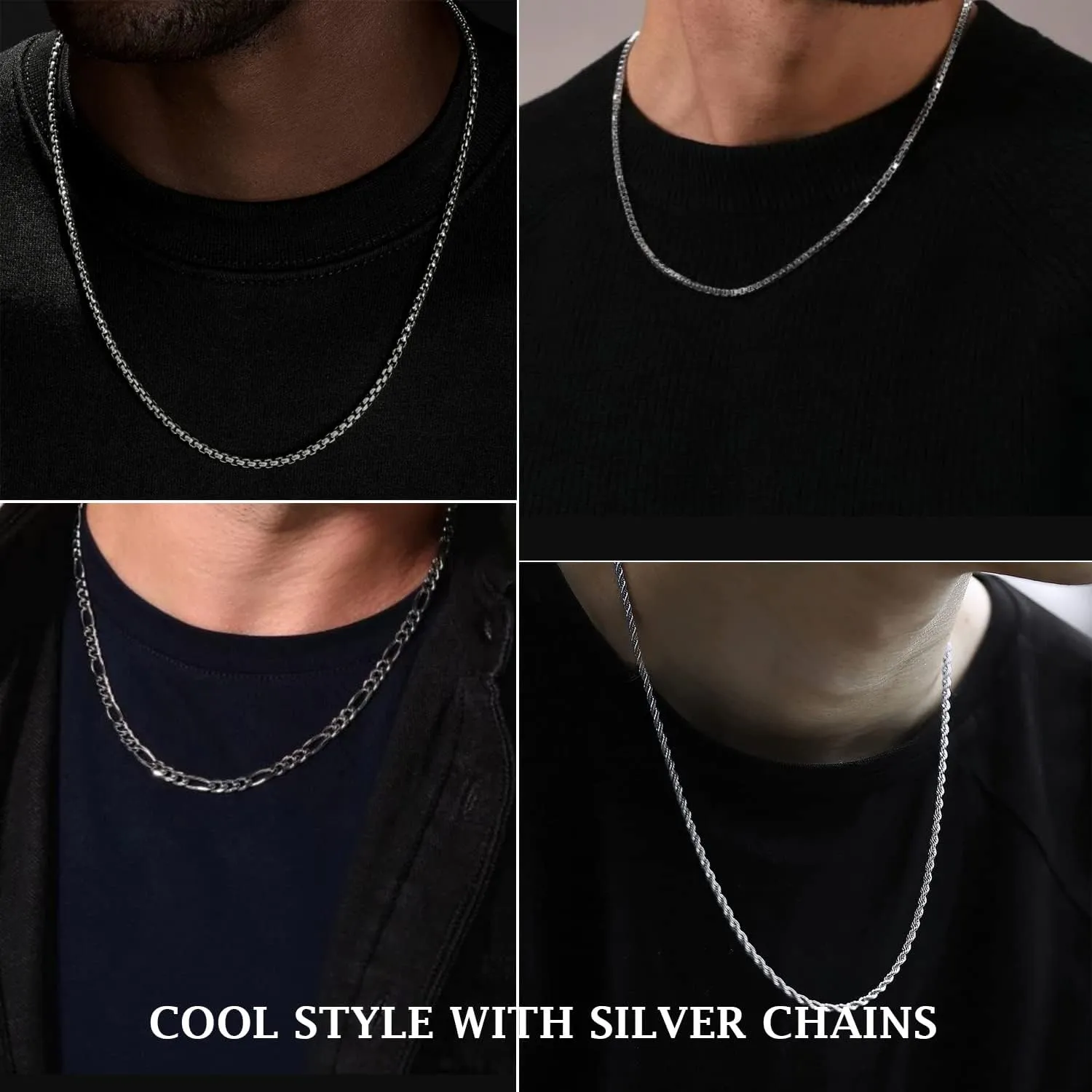 Mens Necklace Chain, 6 Pcs Men's Stainless Steel Chain Necklace Jewelry Set Gift for Men Women