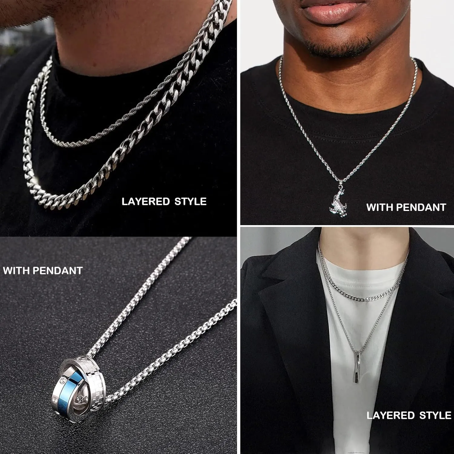 Mens Necklace Chain, 6 Pcs Men's Stainless Steel Chain Necklace Jewelry Set Gift for Men Women