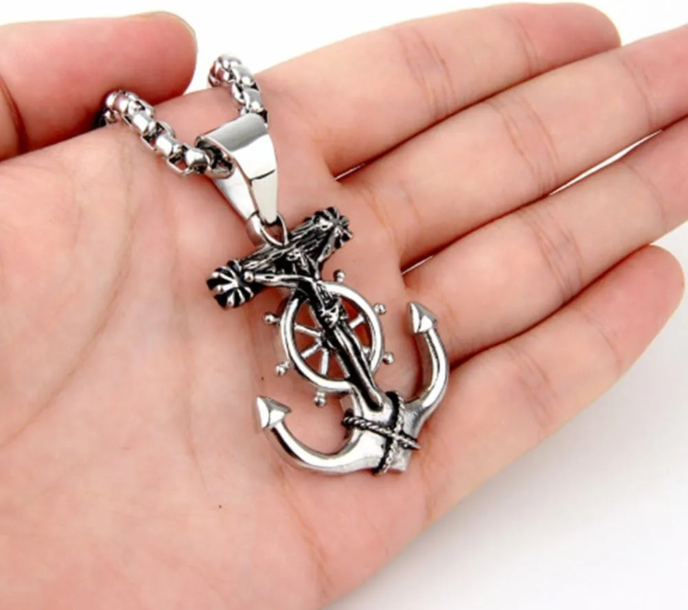 Men's Stainless Steel Silver Nautical Anchor Jesus Cross Necklace Chain Link