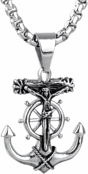 Men's Stainless Steel Silver Nautical Anchor Jesus Cross Necklace Chain Link