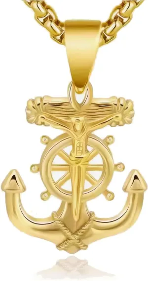Men's Stainless Steel Silver Nautical Anchor Jesus Cross Necklace Chain Link