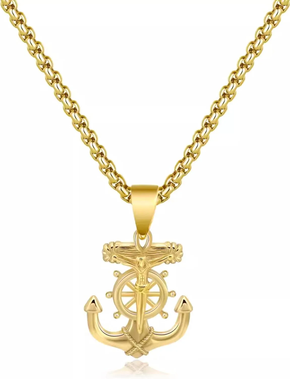 Men's Stainless Steel Silver Nautical Anchor Jesus Cross Necklace Chain Link