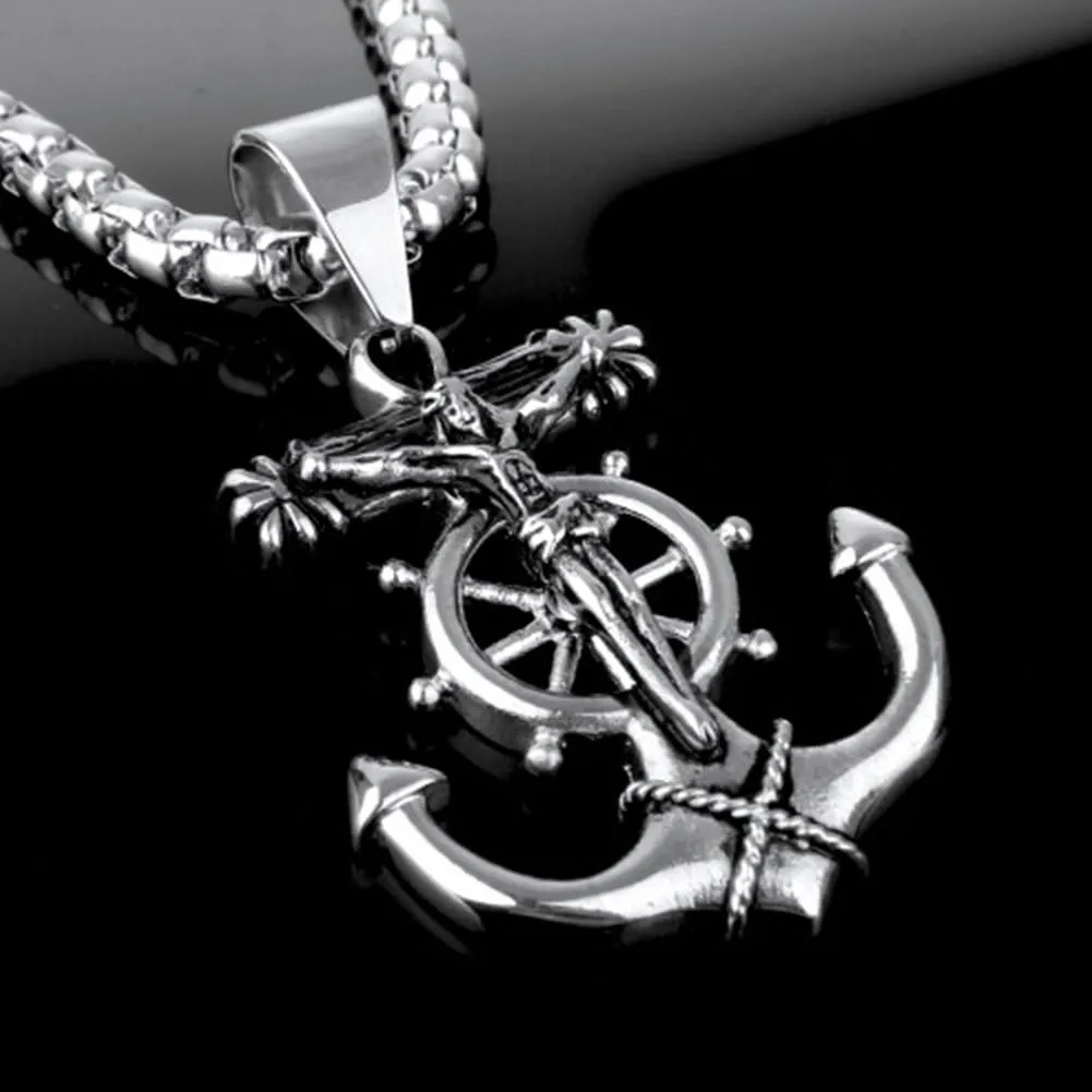 Men's Stainless Steel Silver Nautical Anchor Jesus Cross Necklace Chain Link