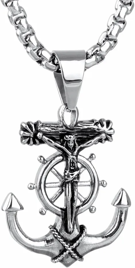Men's Stainless Steel Silver Nautical Anchor Jesus Cross Necklace Chain Link