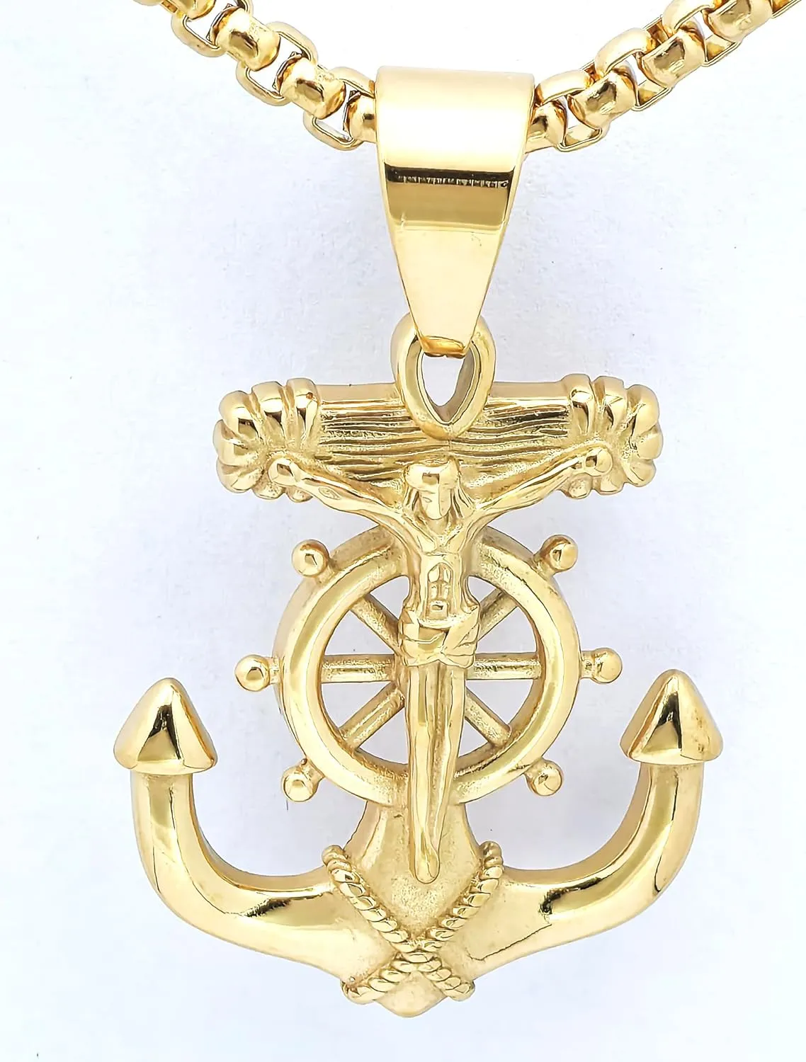 Men's Stainless Steel Silver Nautical Anchor Jesus Cross Necklace Chain Link