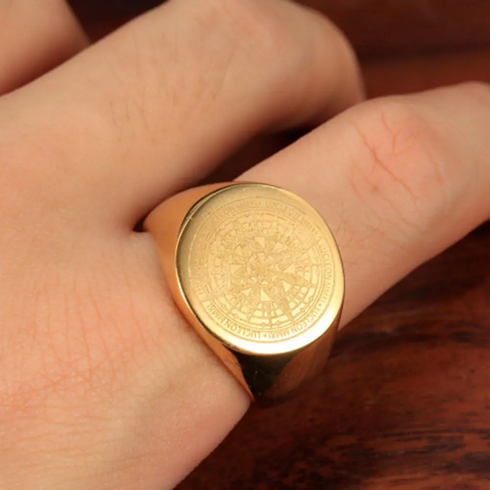 Mens Vintage Round Compass Signet Ring, Stainless Steel Nautical Compass Rings