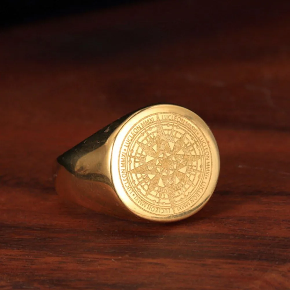 Mens Vintage Round Compass Signet Ring, Stainless Steel Nautical Compass Rings