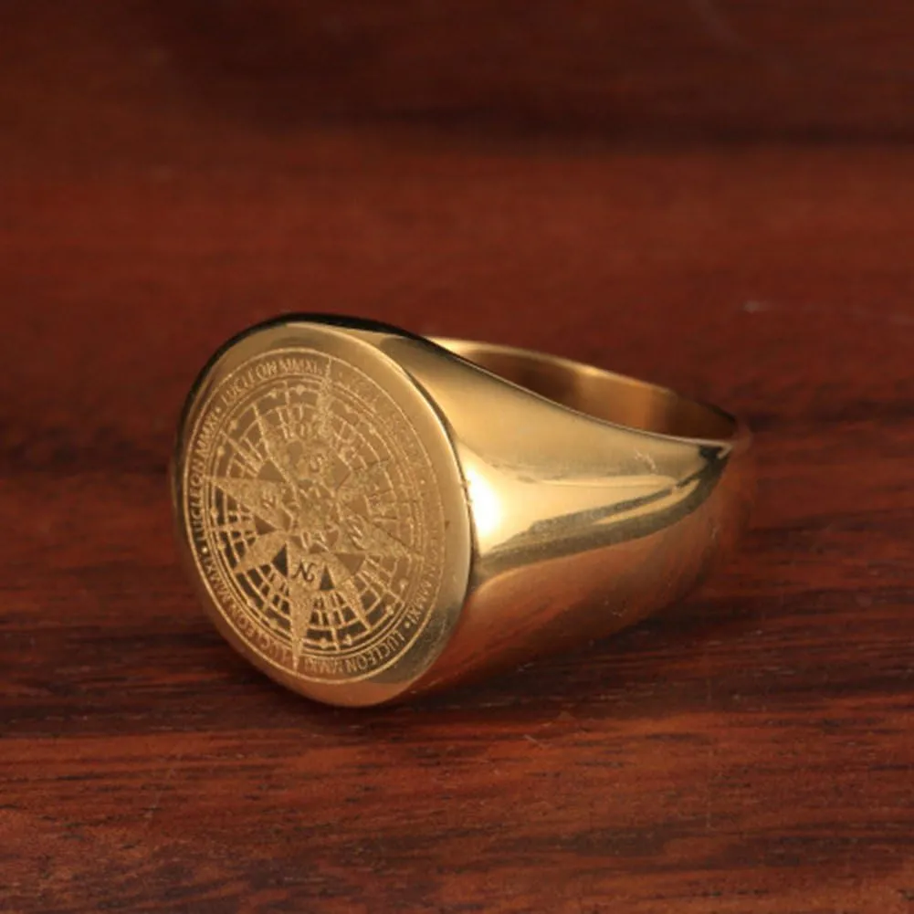 Mens Vintage Round Compass Signet Ring, Stainless Steel Nautical Compass Rings
