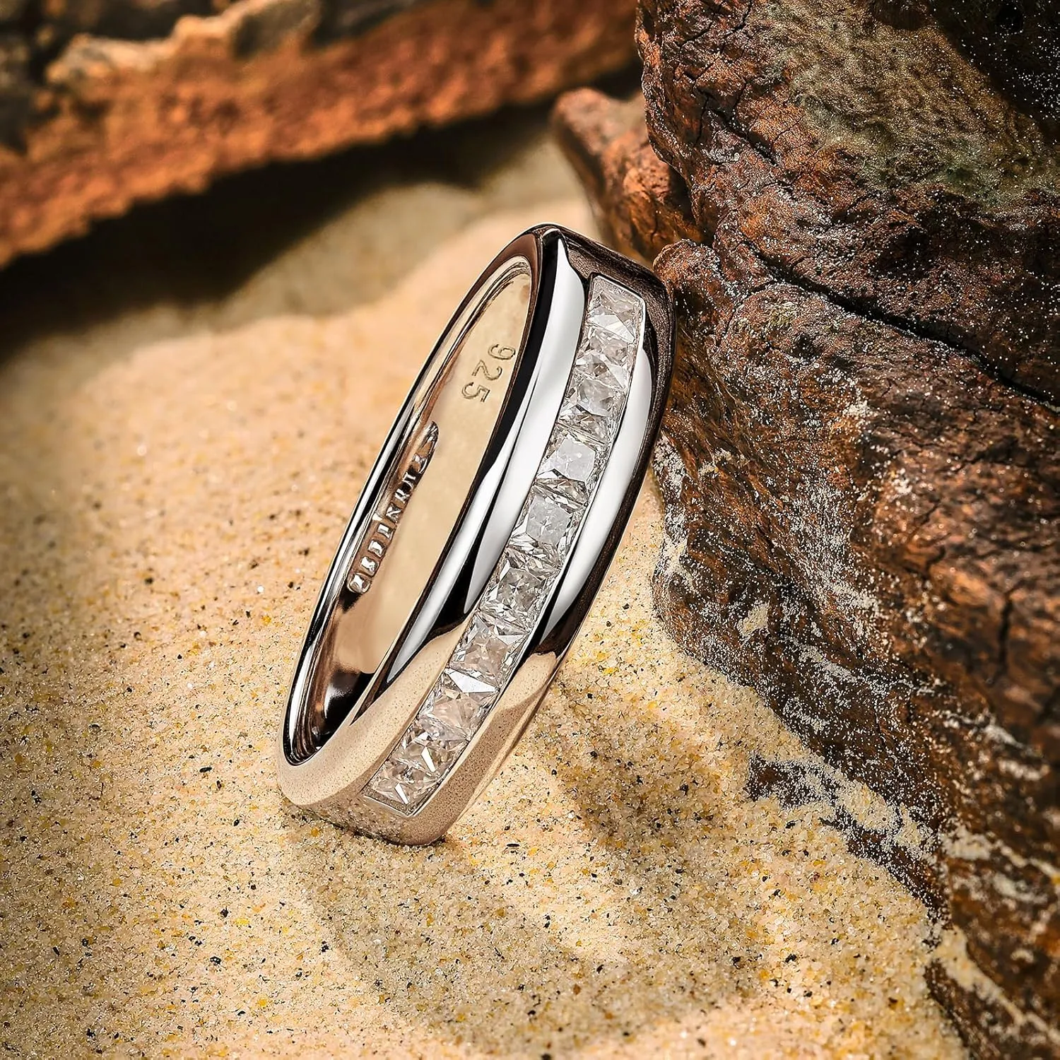 Men's Wedding Rings 925 Sterling Silver Ring Princess Round Cut White AAAAA Cubic Zirconia Size 8-13