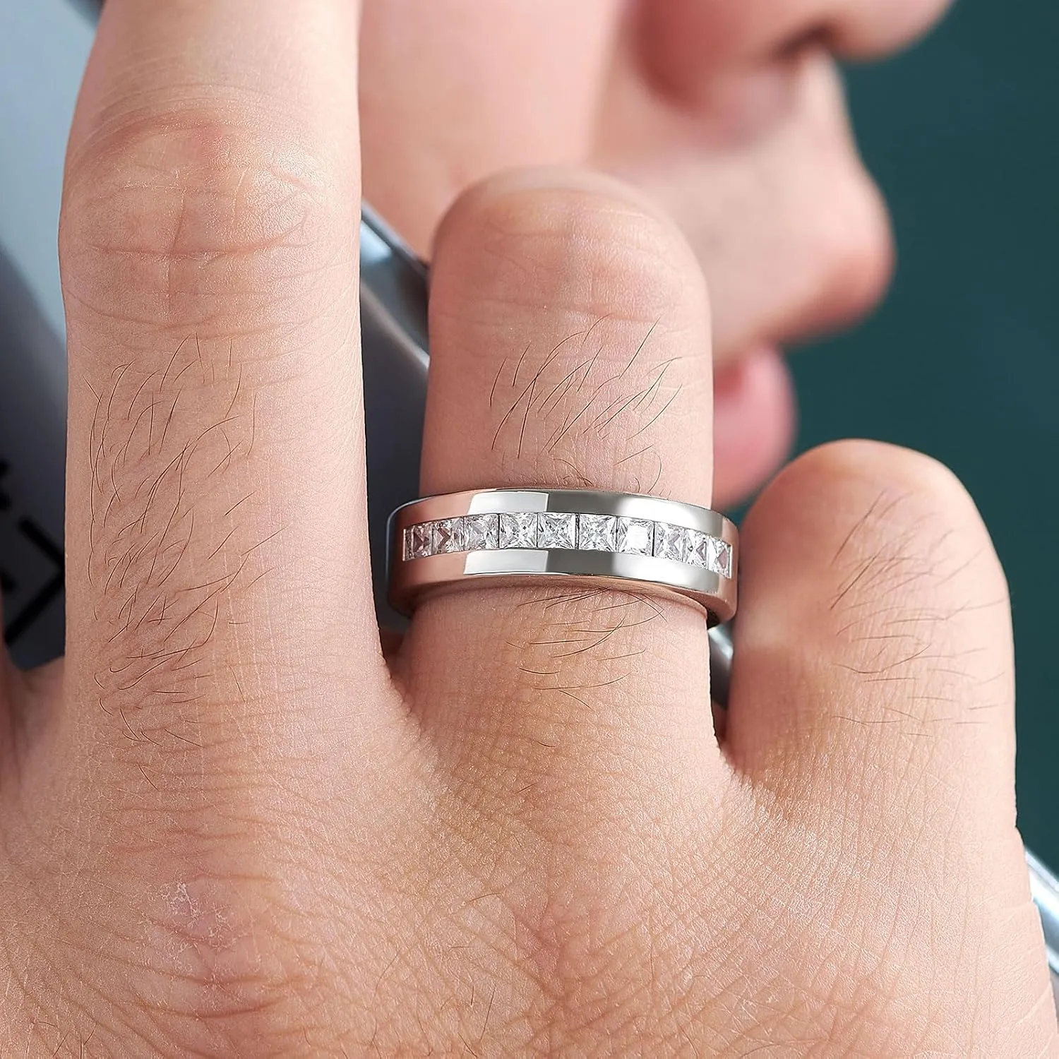 Men's Wedding Rings 925 Sterling Silver Ring Princess Round Cut White AAAAA Cubic Zirconia Size 8-13