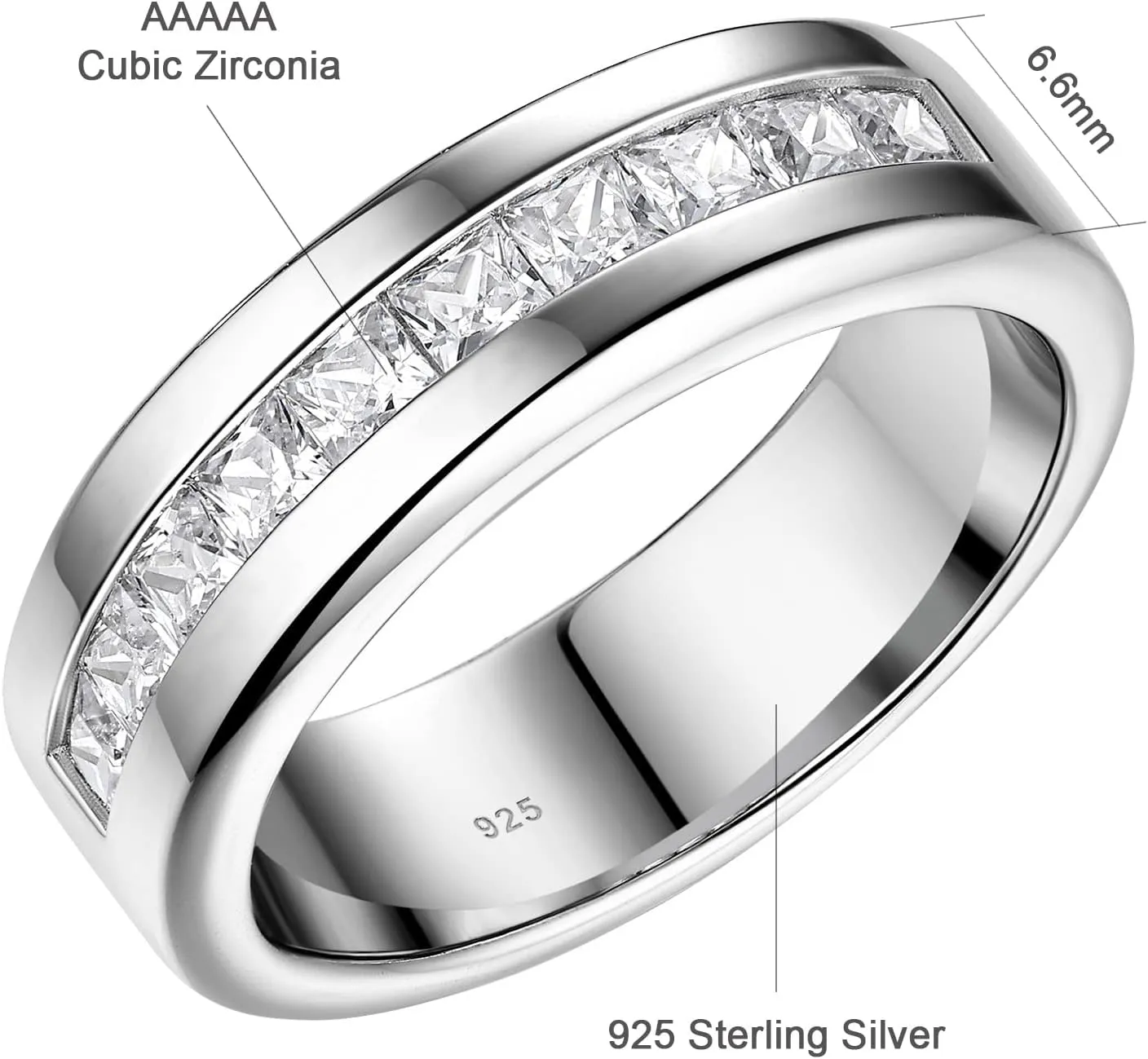 Men's Wedding Rings 925 Sterling Silver Ring Princess Round Cut White AAAAA Cubic Zirconia Size 8-13