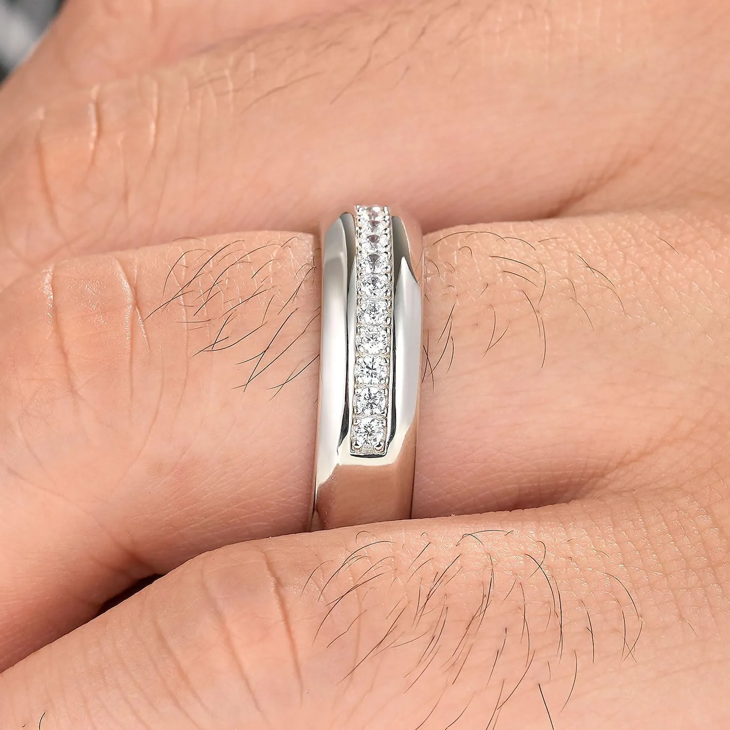 Mens White Gold Wedding Ring Band 925 Sterling Silver With 13 Round Cut Cubic Zirconia Engagement Ring For Him Size 7-14