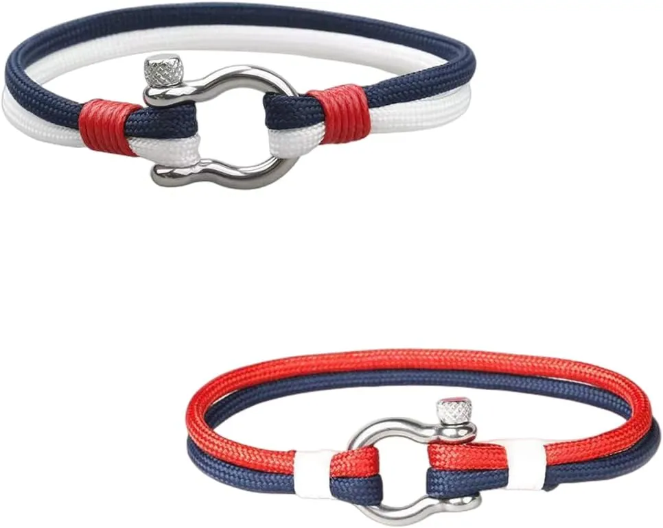 Mens Womens Nautical String Sailor Rope Wrap Bracelet Wristband Bangle Steel Screw Marine Anchor Shackles, Two-row