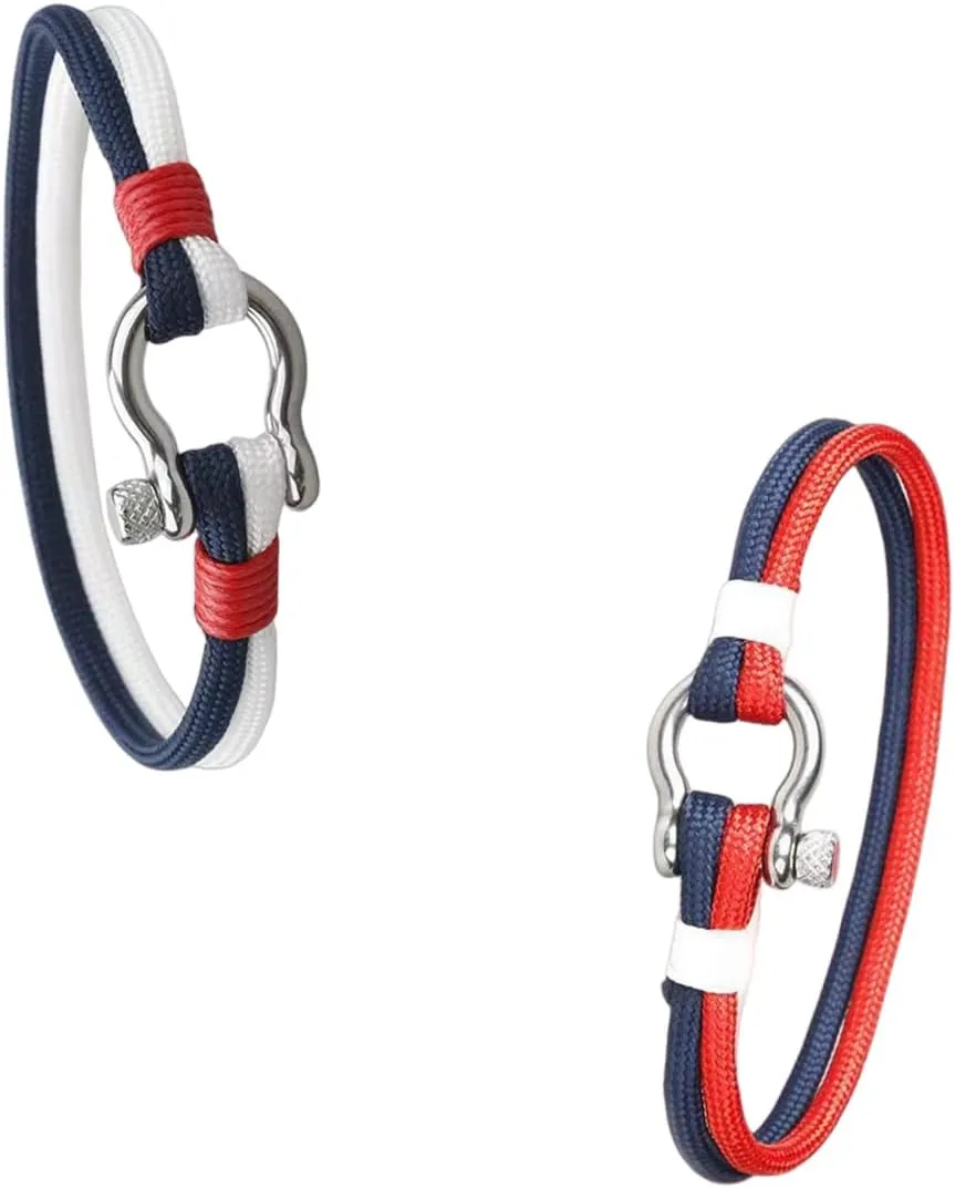 Mens Womens Nautical String Sailor Rope Wrap Bracelet Wristband Bangle Steel Screw Marine Anchor Shackles, Two-row