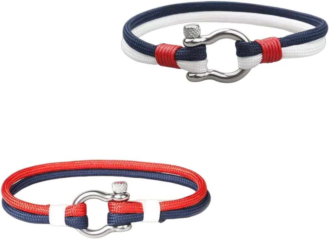 Mens Womens Nautical String Sailor Rope Wrap Bracelet Wristband Bangle Steel Screw Marine Anchor Shackles, Two-row
