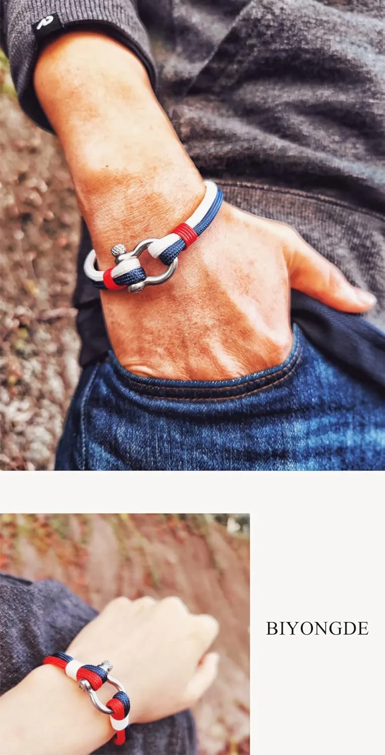 Mens Womens Nautical String Sailor Rope Wrap Bracelet Wristband Bangle Steel Screw Marine Anchor Shackles, Two-row