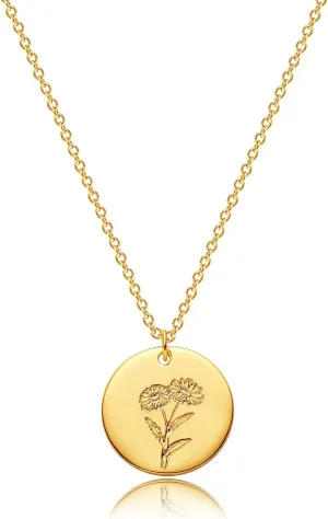 MEVECCO Birth Flower Necklace 18k Gold Custom Floral Pendant Necklaces Dainty Birth Month Flower Disc Hand Stamped Necklace Personalized Jewelry Birthday Gift
