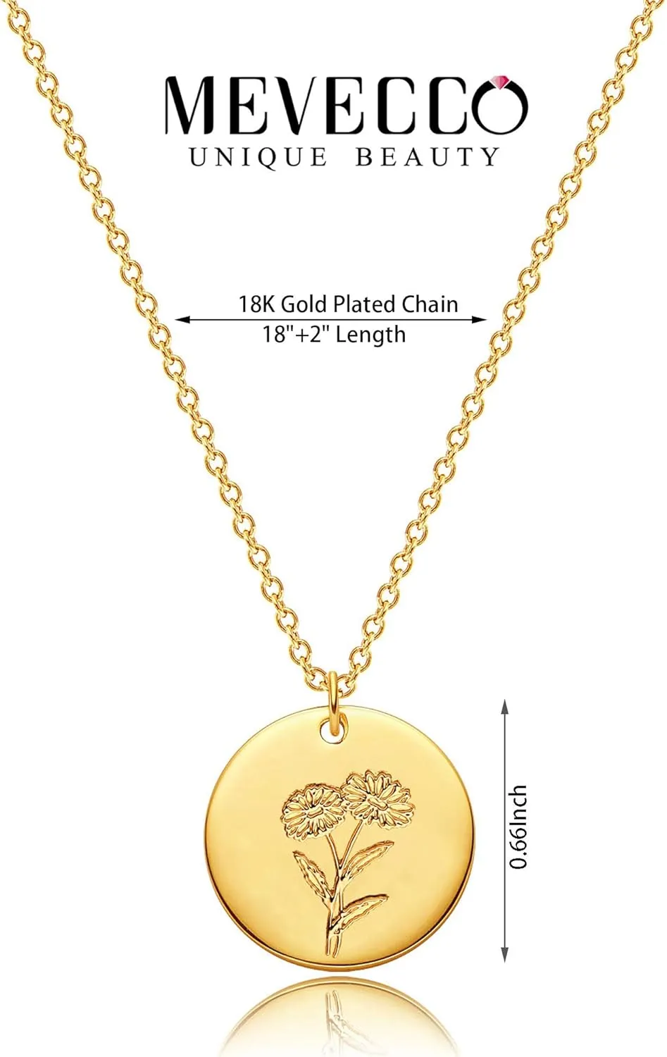 MEVECCO Birth Flower Necklace 18k Gold Custom Floral Pendant Necklaces Dainty Birth Month Flower Disc Hand Stamped Necklace Personalized Jewelry Birthday Gift