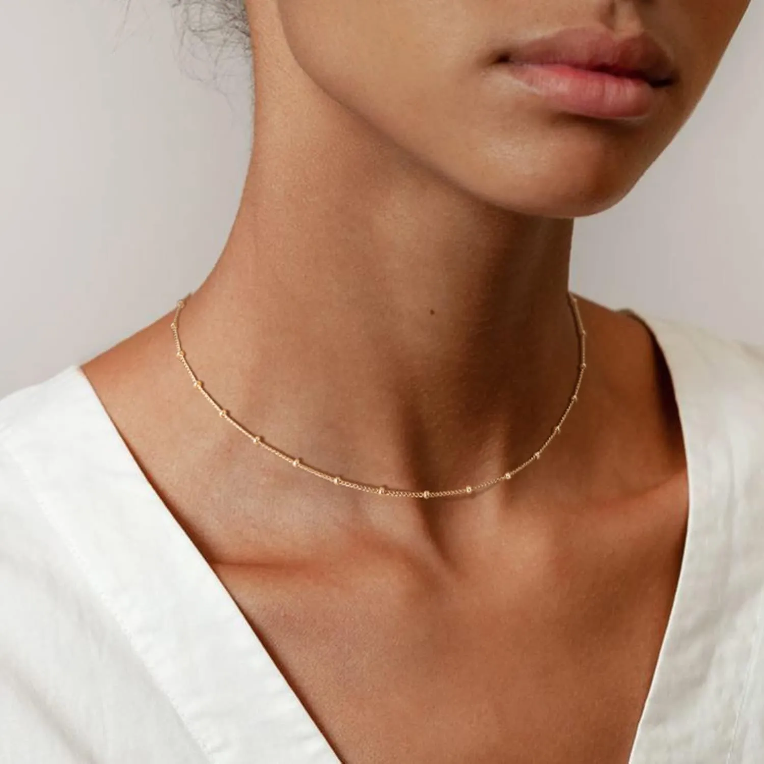 MEVECCO Dainty Gold Chain Choker Necklace 14K Gold Plated Handmade Boho Cute Tiny Beaded Link Choker Necklace Delicate Simple Minimalist Choker Necklace for Women