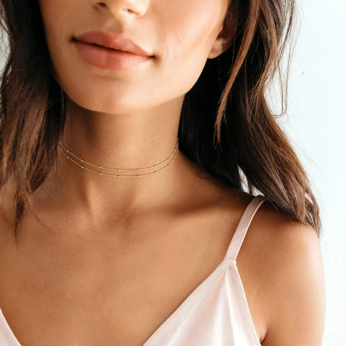 MEVECCO Dainty Gold Chain Choker Necklace 14K Gold Plated Handmade Boho Cute Tiny Beaded Link Choker Necklace Delicate Simple Minimalist Choker Necklace for Women